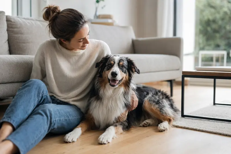Ein glücklicher Australischer Schäferhund sitzt entspannt neben seinem Besitzer in einer modernen Wohnung.