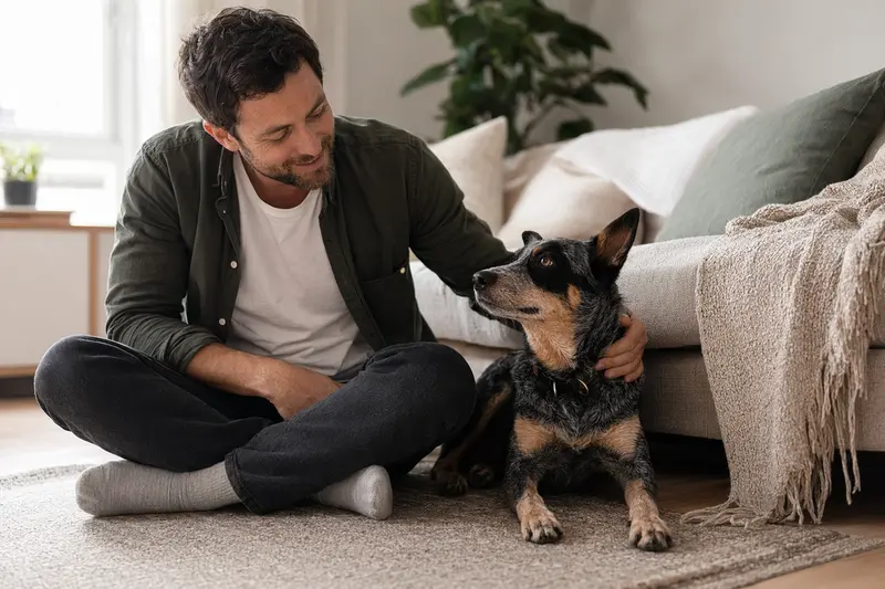 Ein glücklicher australischer Treibhund sitzt entspannt neben seinem Halter in einem modernen, hellen Wohnraum.