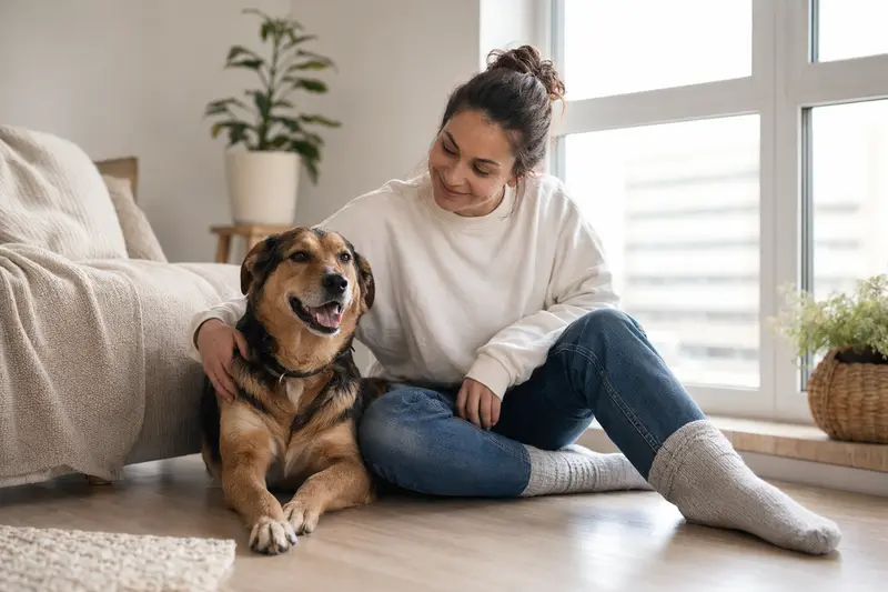 Ein glücklicher Bakarwal-Hund sitzt entspannt neben seinem Besitzer in einer modernen Wohnung.