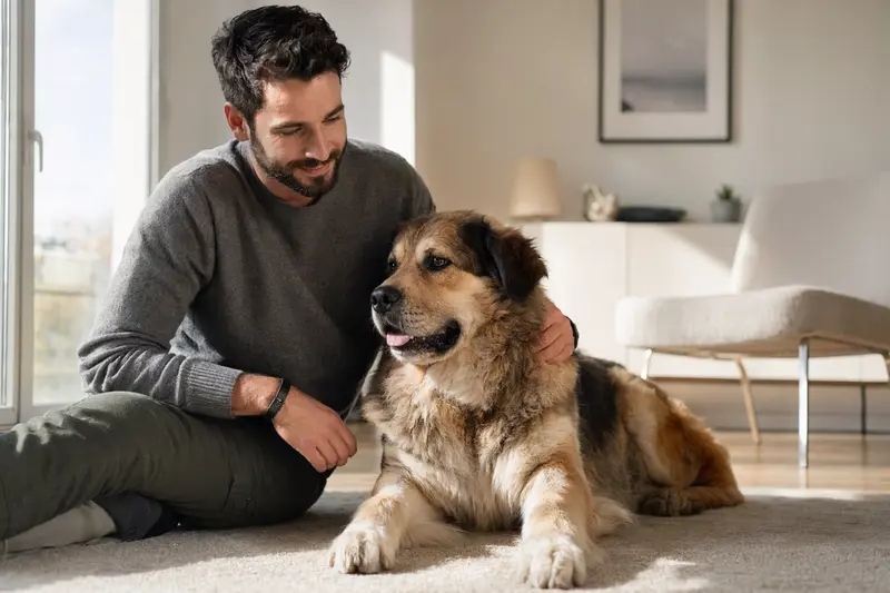 Ein freundlicher Bakharwal Mastiff sitzt entspannt neben seinem Besitzer in einer modernen Wohnung.