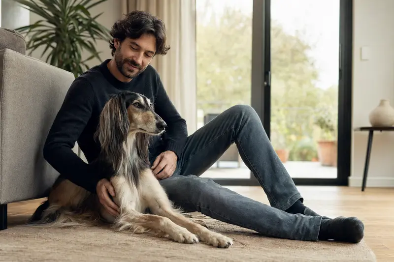 Ein glücklicher Balutschi-Windhund sitzt entspannt neben seinem Besitzer in einer modernen Wohnung.