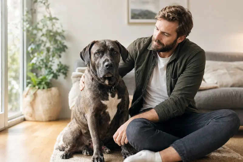 Ein entspannter Bandog sitzt neben seinem Besitzer in einer modernen Wohnung und genießt die vertrauensvolle Atmosphäre.
