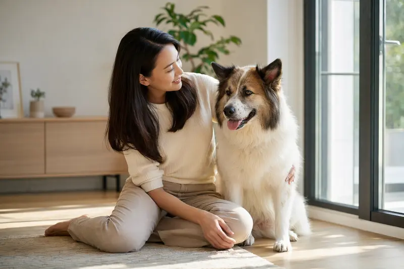 Glücklicher Bangkaew Dog sitzt entspannt neben seinem Halter in einer modernen Wohnung und strahlt Vertrauen aus.