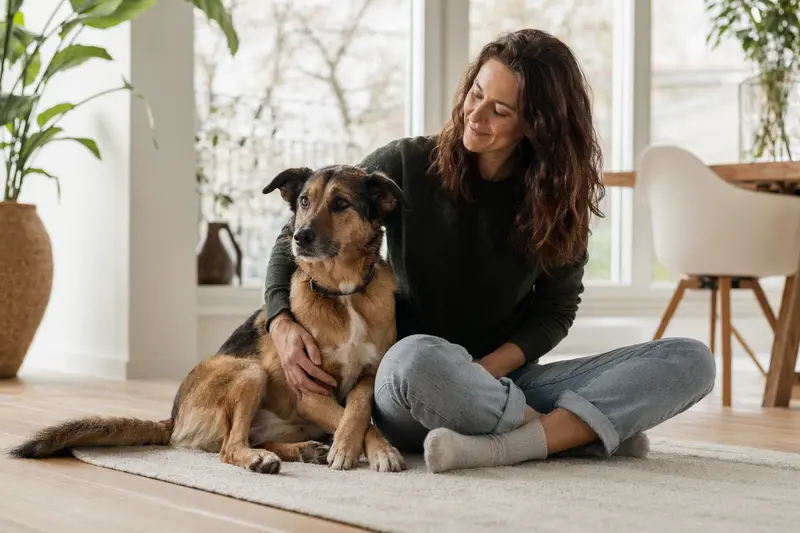 Ein glücklicher Hund entspannt neben seinem Halter in einer modernen Wohnung.