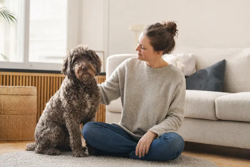 Ein glücklicher Barbet sitzt entspannt neben seinem Besitzer in einer modernen Wohnung und strahlt Zufriedenheit aus.