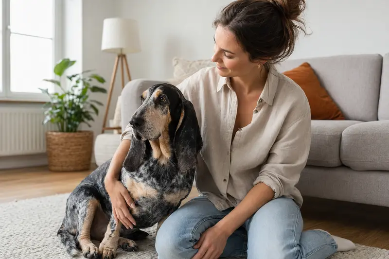 Ein glücklicher Basset Bleu de Gascogne sitzt entspannt neben seinem Besitzer in einer modernen Wohnung mit natürlichem Licht.