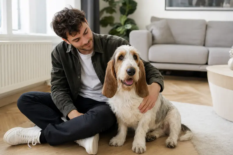 Glücklicher Basset d'Artois sitzt entspannt neben seinem Besitzer in einer modernen Wohnung.