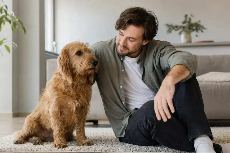 Ein glücklicher Basset Fauve de Bretagne sitzt entspannt neben seinem Halter in modernem Wohnambiente.