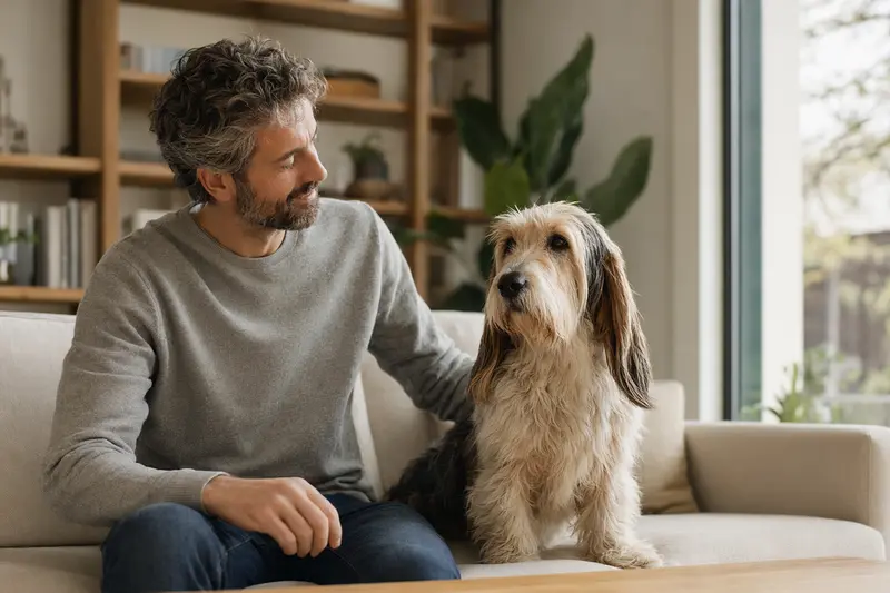 Ein glücklicher Basset Griffon Vendeen sitzt entspannt neben seinem Besitzer in einer modernen Wohnung.