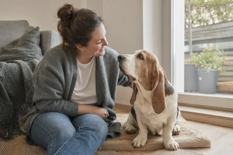 Glücklicher Basset Hound sitzt entspannt neben seinem Besitzer in einer modernen Wohnung.