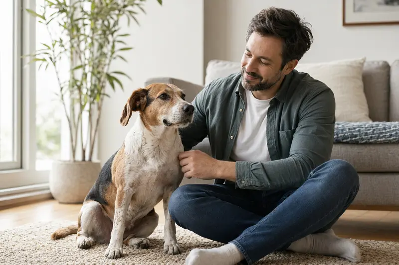 Ein entspannter Beagle-Harrier sitzt neben seinem Besitzer in einer hellen Wohnung und strahlt Glück aus.