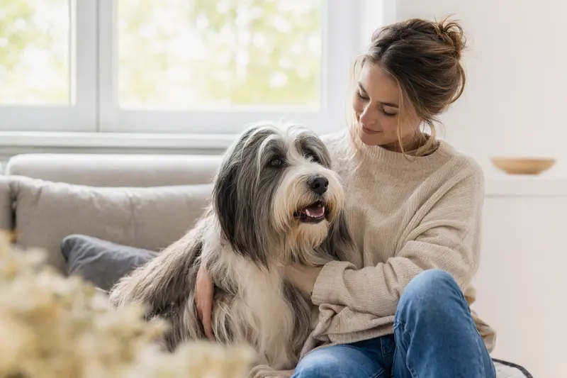 Ein glücklicher Bearded Collie sitzt entspannt neben seinem Besitzer in einer modernen Wohnung.