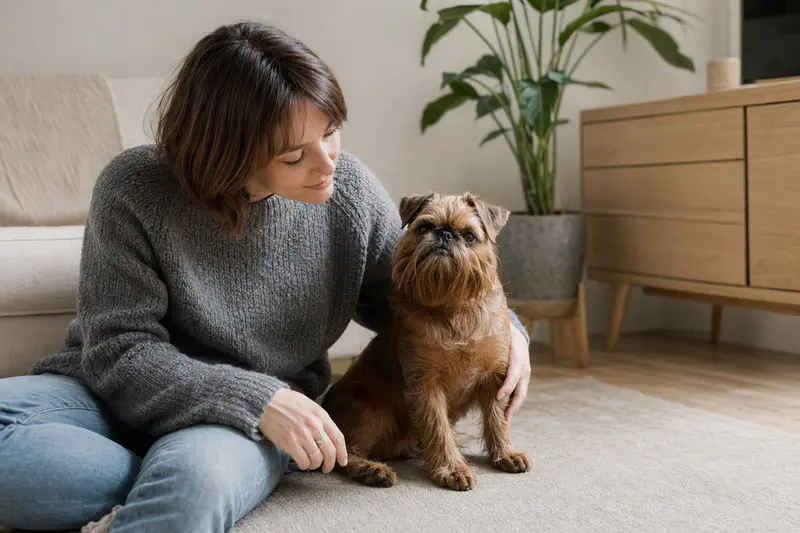 Ein glücklicher Hund, ein Belgischer Griffon, entspannt neben seinem Besitzer in einer modernen Wohnung.