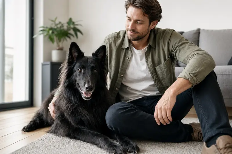 Ein glücklicher Belgischer Schäferhund sitzt entspannt neben seinem Besitzer in einer modernen Wohnung.
