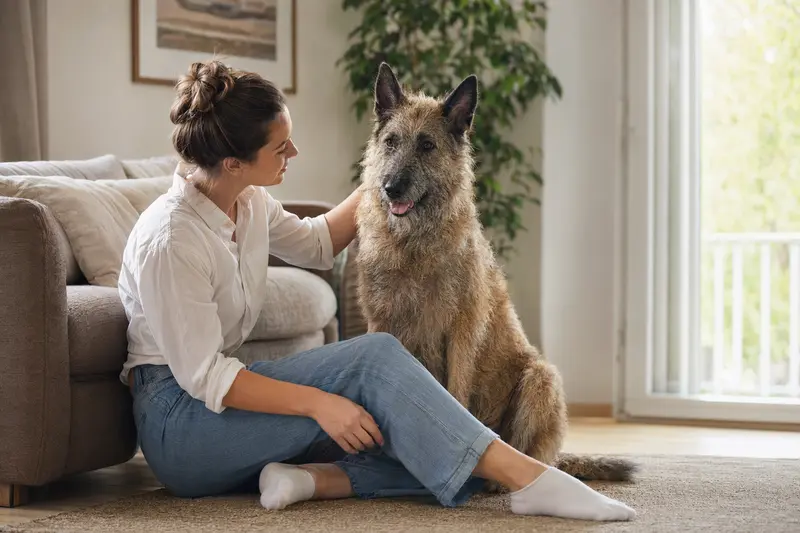 Ein glücklicher belgischer Schäferhund sitzt entspannt neben seinem Besitzer in einer modernen Wohnung.