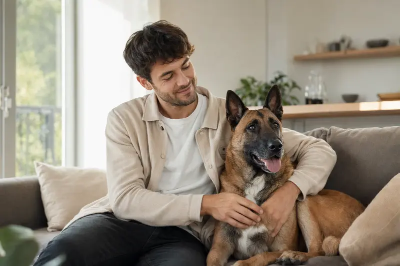 Ein entspannter Belgischer Schäferhund sitzt neben seinem Besitzer in einer hellen, einladenden Wohnung.