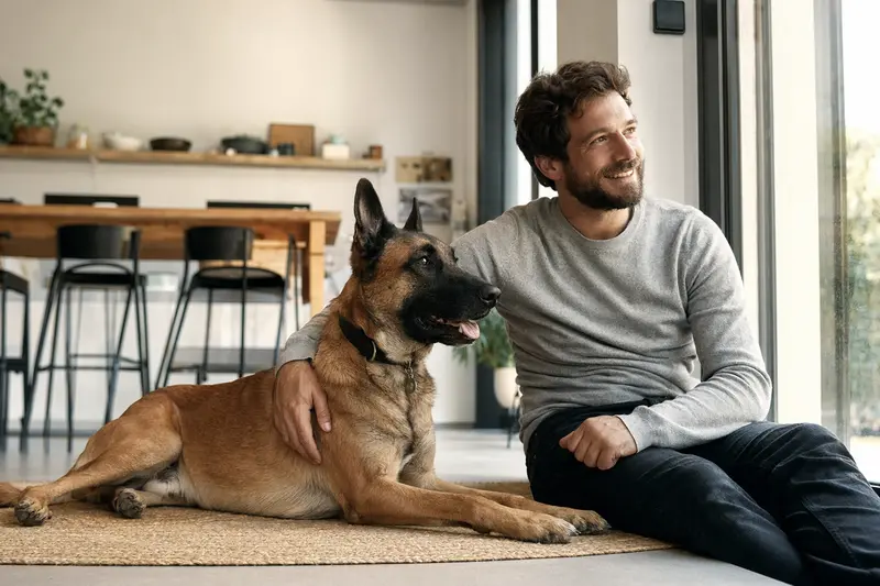 Ein entspannter belgischer Schäferhund sitzt neben seinem glücklichen Besitzer in einer modernen Wohnung.