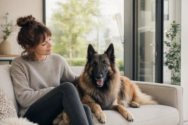 Ein glücklicher Belgischer Schäferhund Tervueren sitzt entspannt neben seinem Besitzer in einer modernen Wohnung.