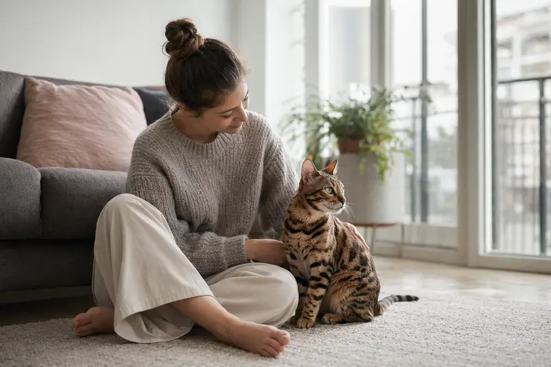 Ein freundlicher Bengal-Kater sitzt entspannt neben seinem Besitzer in einer modernen Wohnung mit warmem Licht.