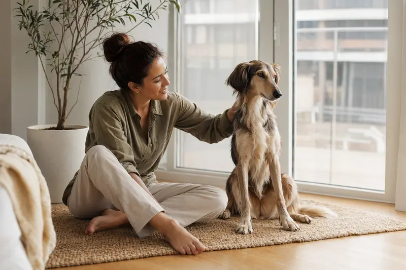 Ein glücklicher Berber-Windhund sitzt entspannt neben seinem Besitzer in einer hellen, modernen Wohnung.