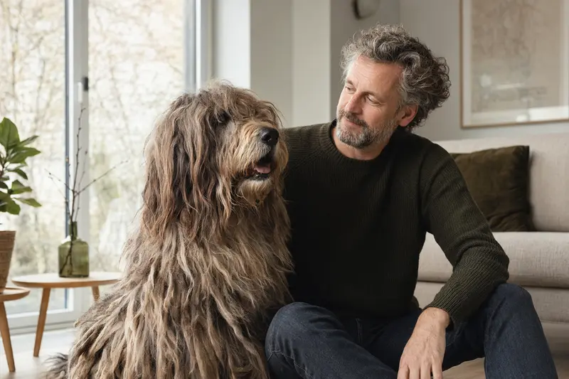 Ein entspannter Bergamasco-Hütehund sitzt neben seinem Besitzer in einer modernen Wohnung und strahlt Freude aus.