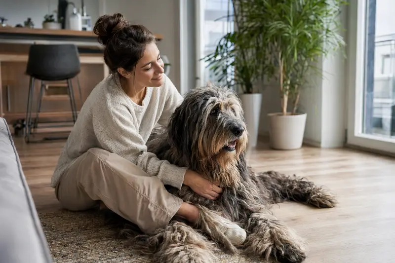 Ein entspannter Bergamasco Shepherd Dog sitzt neben seinem Besitzer in einer hellen Wohnung.