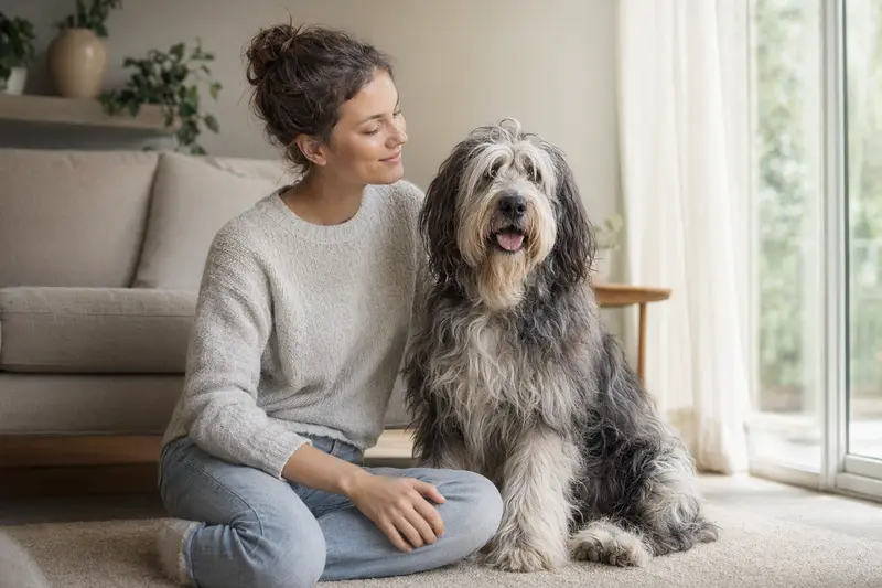 Ein glücklicher Bergamasker Hirtenhund sitzt entspannt neben seinem Besitzer in einer modernen Wohnung.