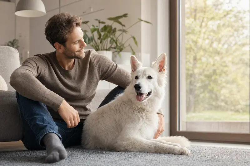 Ein glücklicher Berger Blanc Suisse sitzt entspannt neben seinem Besitzer in einer modernen Wohnung und strahlt Vertrauen aus.