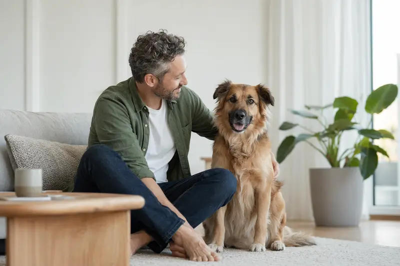 Ein entspannter Berger de Savoie sitzt neben seinem Besitzer in einer modernen Wohnung und vermittelt eine vertrauensvolle Atmosphäre.