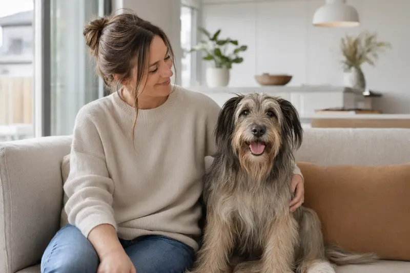 Ein glücklicher Berger des Pyrénées à poil long sitzt entspannt neben seinem Halter in einer hellen modernen Wohnung – ein vertrauensvolles Bild rund um Hundegesundheit und Hunderversicherung.