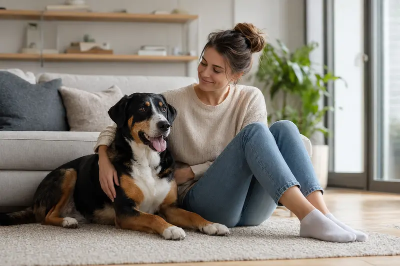 Ein entspannter Berner Laufhund sitzt neben seinem Besitzer in einer modernen Wohnung und strahlt Zufriedenheit aus.