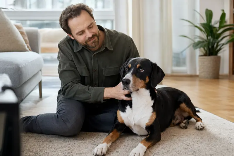 Ein Berner Niederlaufhund sitzt entspannt neben seinem Besitzer in einer hellen Wohnung.