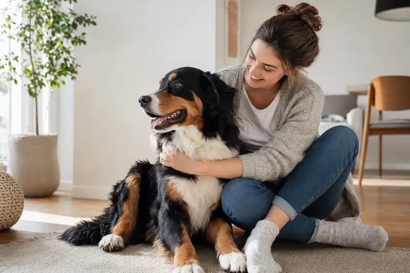 Ein entspannter Berner Sennenhund sitzt neben seinem Besitzer in einer modernen Wohnung.