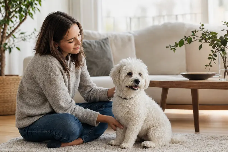 Ein freundlicher Bichon Frisé sitzt neben seinem Besitzer in einer modernen Wohnung und strahlt Entspannung aus.