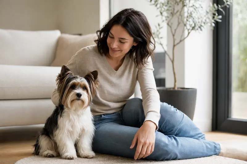 Ein entspannter Biewer Terrier sitzt vertrauensvoll neben seinem Halter in einer modernen Wohnung mit natürlichem Licht.