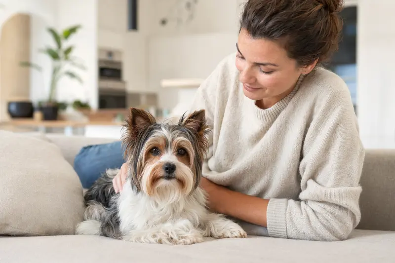 Ein freundlicher Biewer Yorkshire Terrier sitzt entspannt neben seinem Besitzer in einer hellen Wohnung.