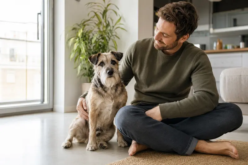 Ein entspannter Bingley Terrier sitzt neben seinem Halter in einem lichtdurchfluteten modernen Raum.