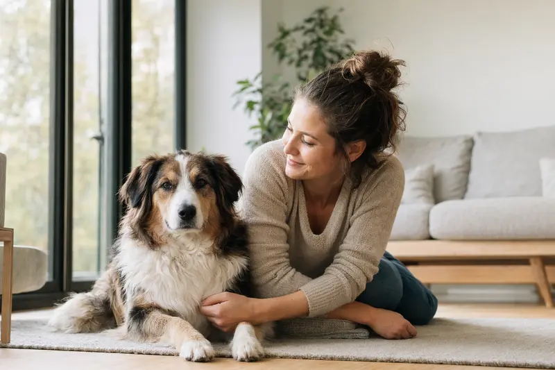 Ein gesunder Birma sitzt in einer hellen Wohnung entspannt neben seinem Besitzer.