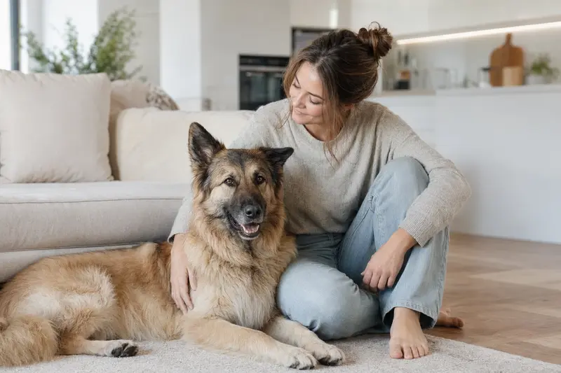 Ein glücklicher Bisben-Hund entspannt neben seinem Besitzer in einem modernen, hellen Wohnraum.