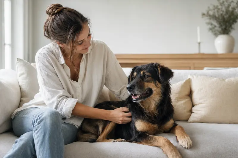 Ein entspannter Björnhund sitzt neben seinem Besitzer in einer modernen Wohnung und strahlt Zufriedenheit aus.