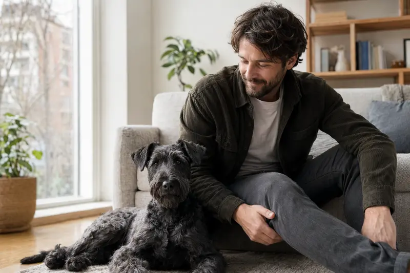 Ein entspannter Blauer Irischer Terrier sitzt neben seinem Halter in einer modernen Wohnung und strahlt Zufriedenheit aus.