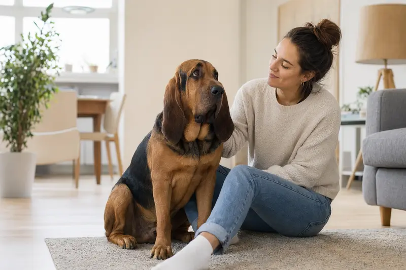 Ein gesunder Bloodhound sitzt entspannt neben seinem Halter in einer hellen modernen Wohnung und vermittelt eine vertrauensvolle Atmosphäre rund um die Hundekrankenversicherung.