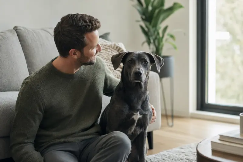 Ein entspannter Blue Lacy sitzt neben seinem glücklichen Besitzer in einer hellen Wohnung.