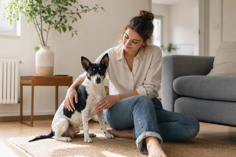 Glücklicher Hund sitzt entspannt neben seinem Halter in einer modernen Wohnung.