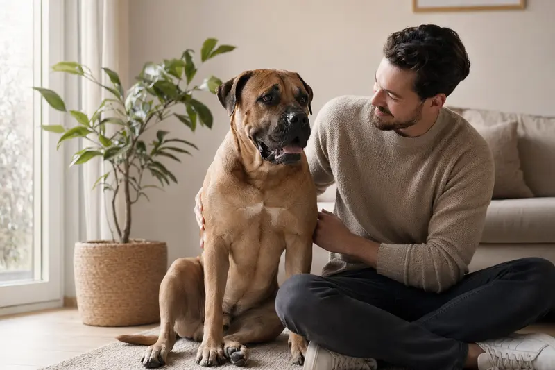 Ein entspannter Boerboel sitzt neben seinem Besitzer in einer modernen Wohnung und strahlt Zufriedenheit aus.