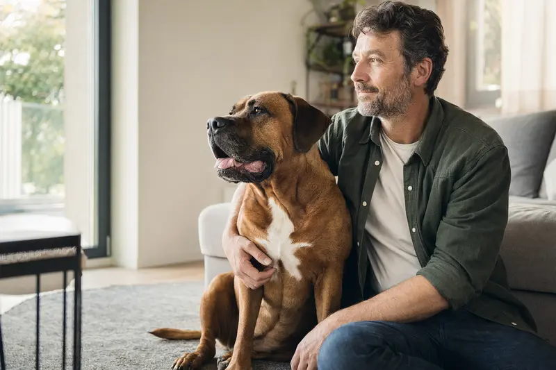 Glückliche Bordeauxdogge sitzt entspannt neben ihrem Halter in einer hellen Wohnung mit warmer Lichtstimmung, passend zum Thema Hundeversicherung.