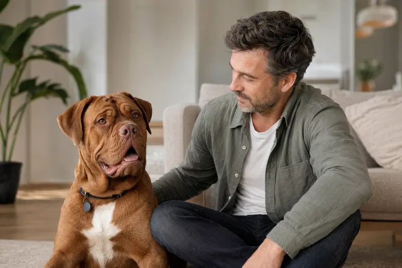 Ein entspannter Bordeauxdogge sitzt neben seinem Besitzer in einer modernen Wohnung und strahlt Vertrauen aus.