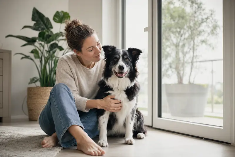 Ein gesunder Border Collie sitzt entspannt neben seinem Besitzer in einer modernen Wohnung.