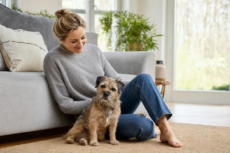 Ein glücklicher Border Terrier sitzt entspannt neben seinem Halter in einer hellen Wohnung und strahlt Vertrauen aus.