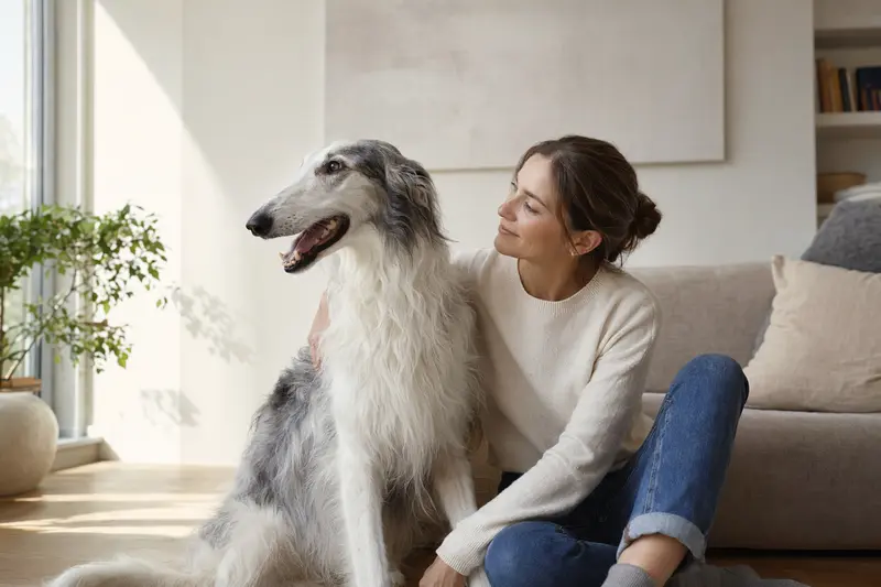 Ein entspannter Borzoi sitzt neben seinem glücklichen Besitzer in einer modernen Wohnung.